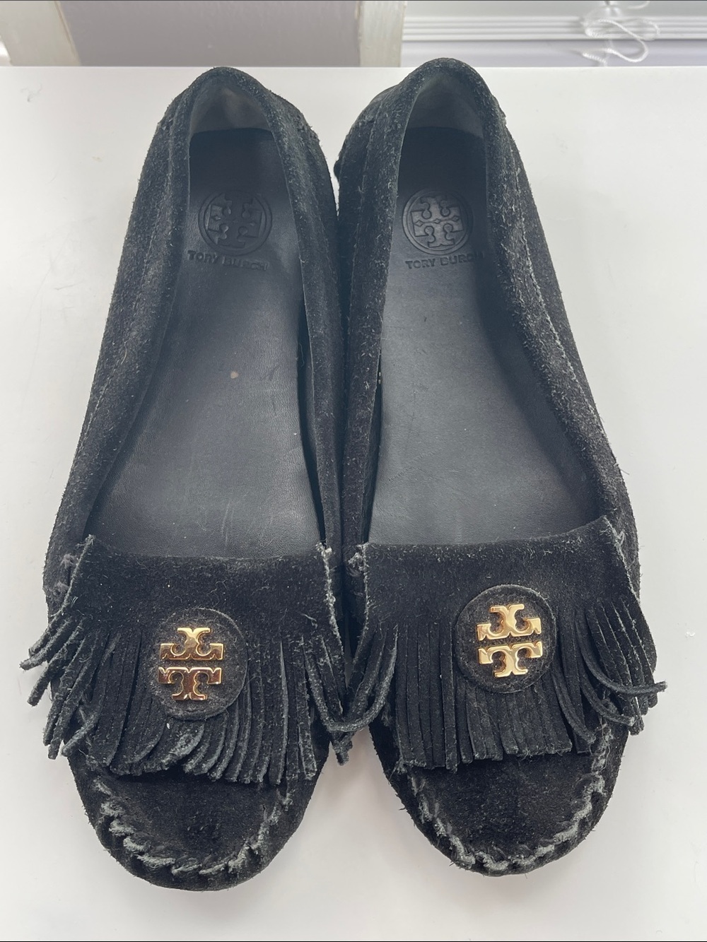 Tory Burch Snyder Fringe black suede moccasins